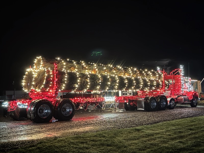 Log truck wrapped in warm white and red Christmas lights at night